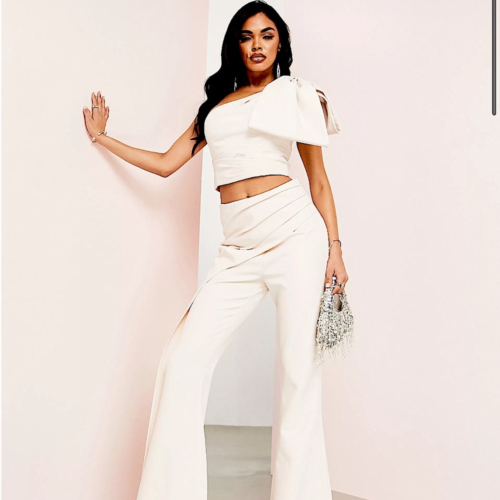 ASOS LUXE one shoulder top & kick flare pants in ivory - entire set